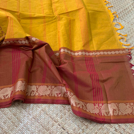 Chettinad Cotton Saree, Mustard Saree with Vanasingaram Design