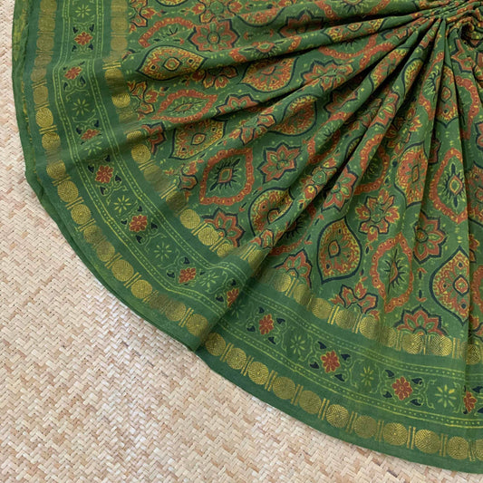 Green, Ajrak Hand Block Printed On Madurai Cotton Saree With Zari