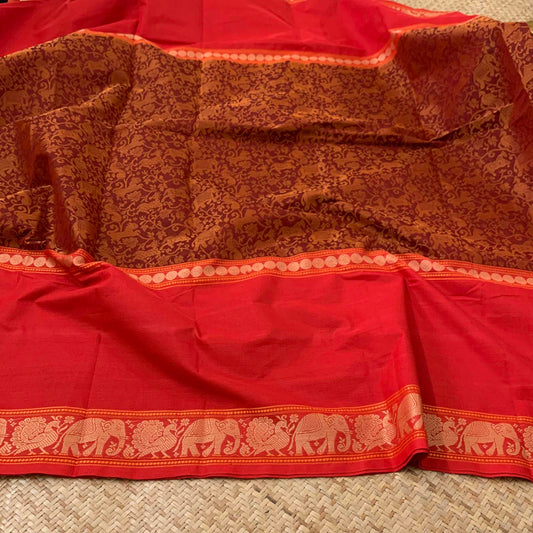 Chettinad Cotton Saree, Brown Saree with Vanasingaram Design