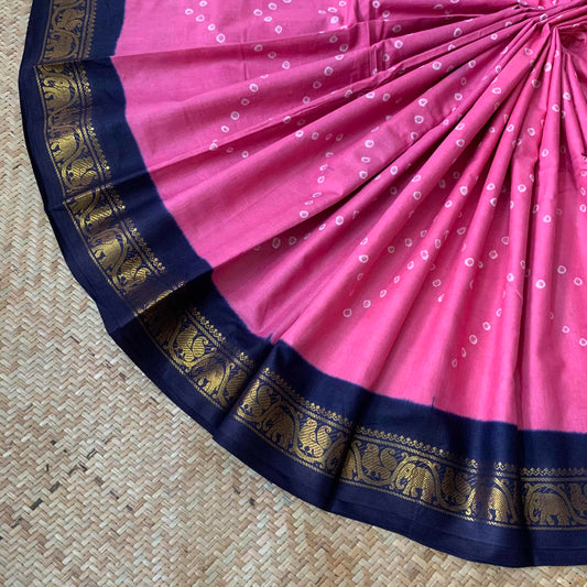 Pink Saree Navy Blue Border, Hand knotted Sungadi On a Annam, Yannai Border Mercerised Cotton saree, Kaikattu Sungadi
