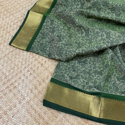 Chettinad Cotton Saree, Green Madisar 10.5 Yards Saree with Vanasingaram Design