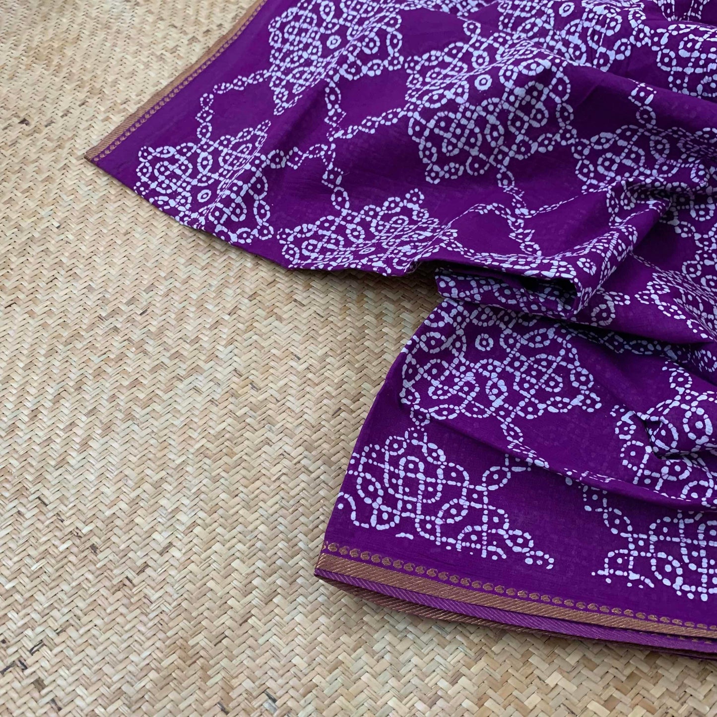 Purple Sungudi Saree With Kolam Wax Print.