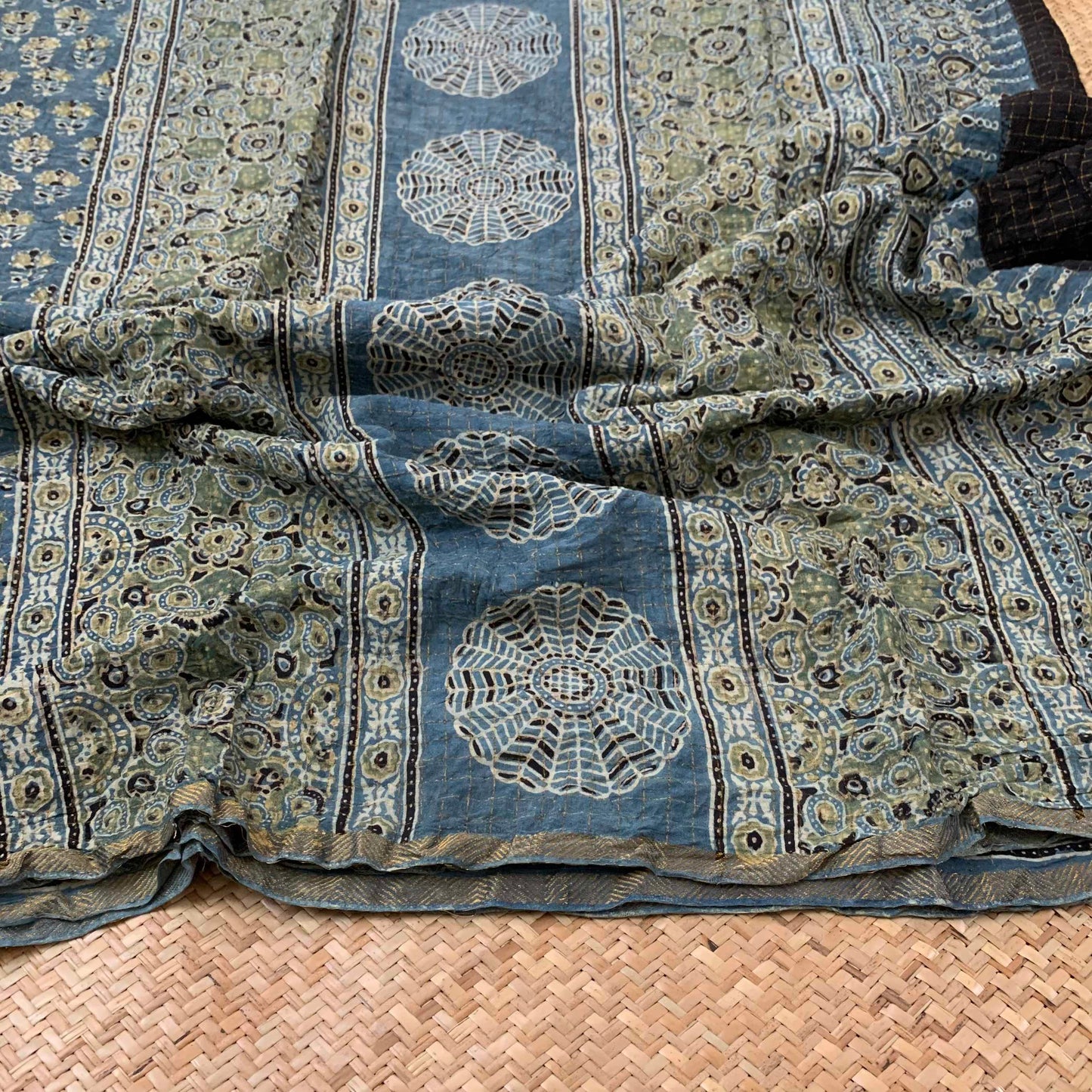 Sea Blue, Ajrak Hand Block Printed On Madurai Cotton Saree With Zari