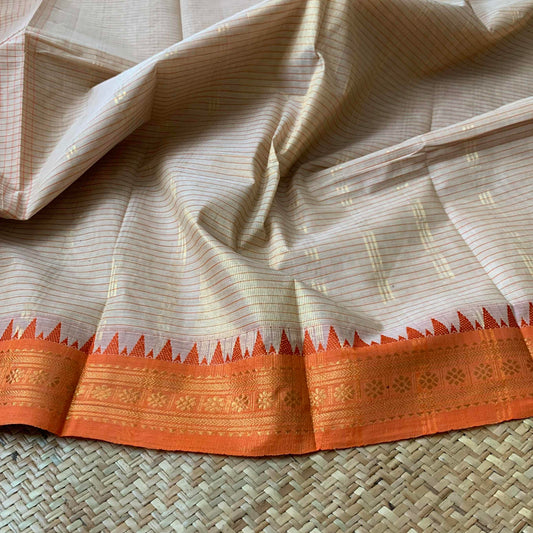 Chettinad Cotton Saree, Beige Saree with Orange Border