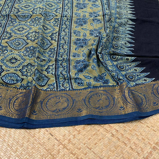 Rama Blue, Ajrak Hand Block Printed On Madurai Cotton Saree With Zari