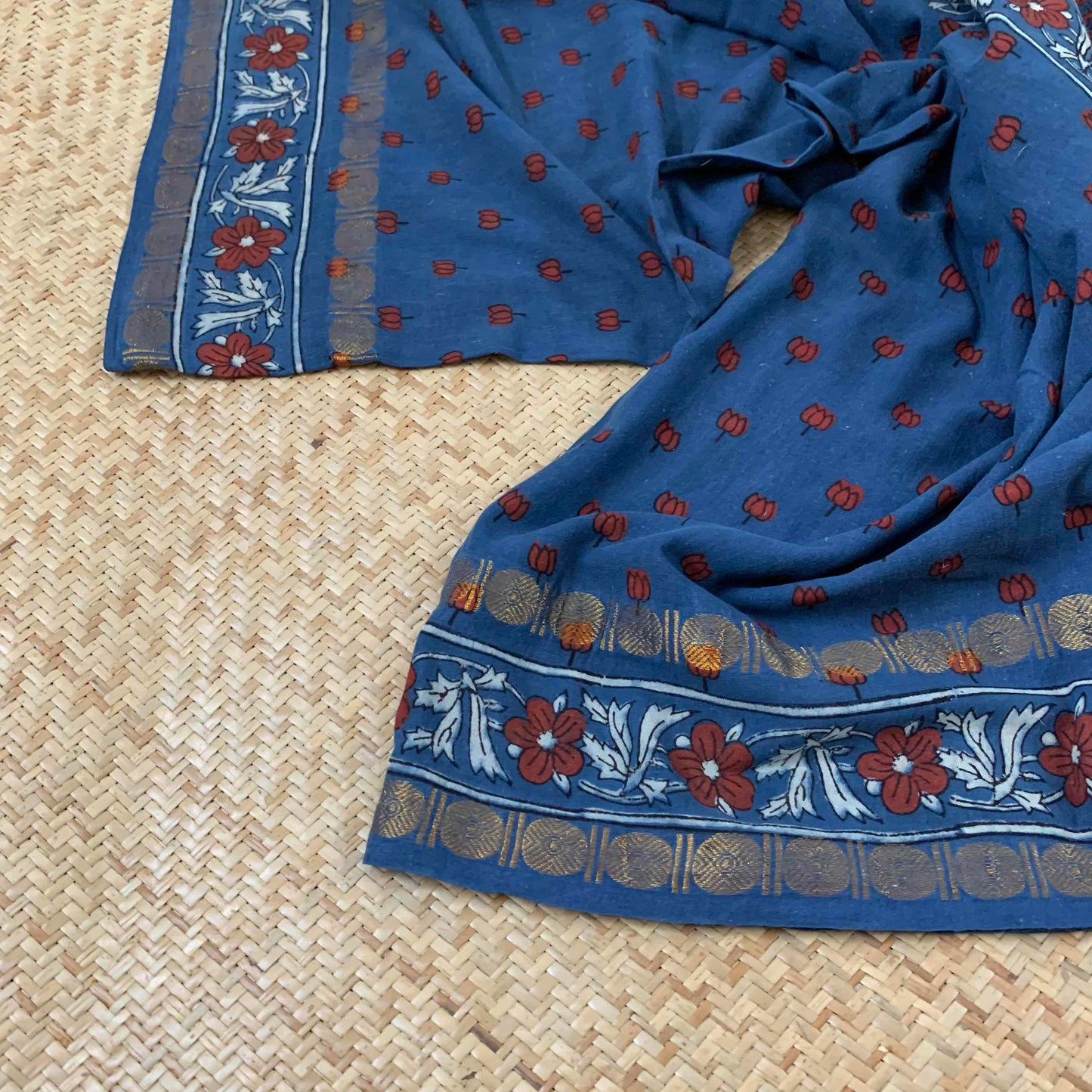 Blue, Ajrak Hand Block Printed On Madurai Cotton Saree With Zari