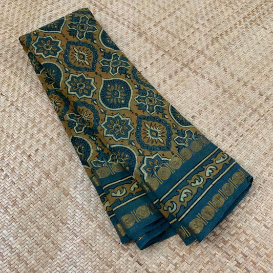 Rama Blue, Ajrak Hand Block Printed On Madurai Cotton Saree With Zari