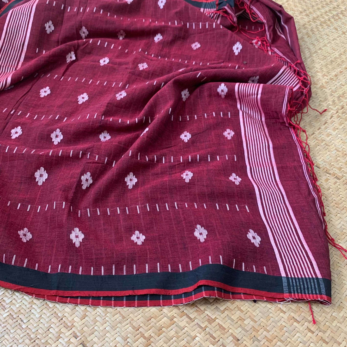 Maroon Handwoven Jamdani Soft cotton Saree
