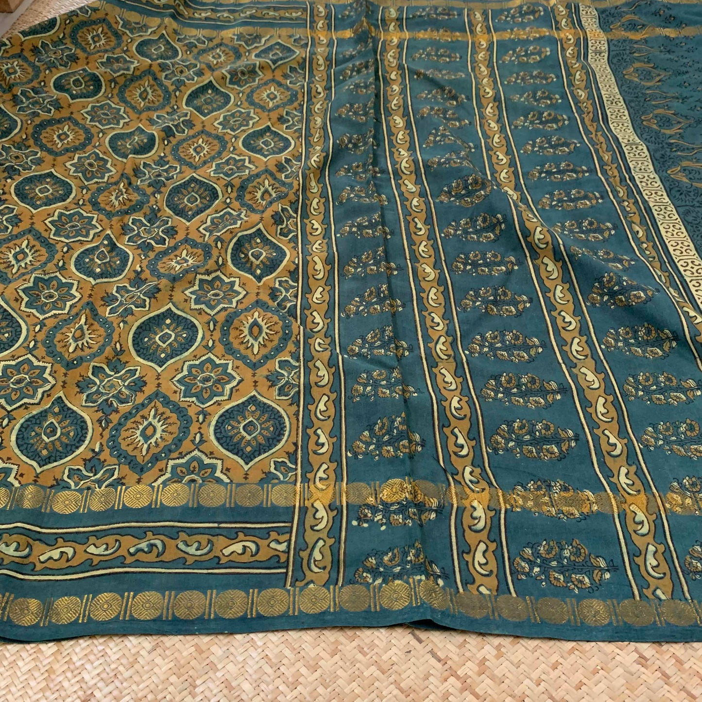 Rama Blue, Ajrak Hand Block Printed On Madurai Cotton Saree With Zari