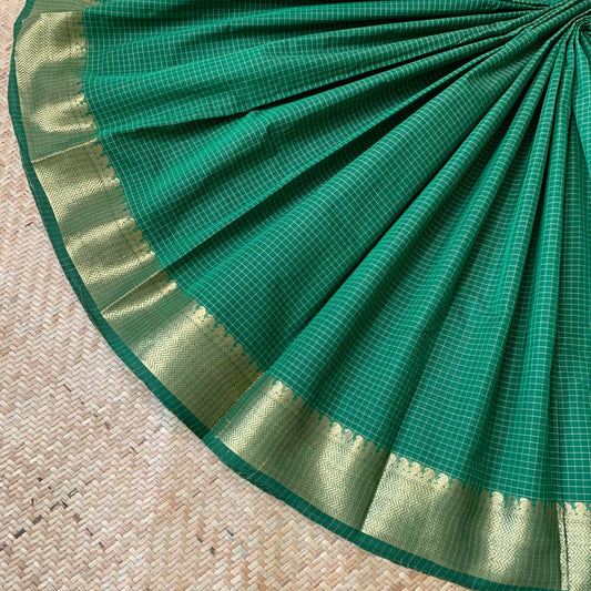 Kanchipuram Cotton Saree, Green checked Saree