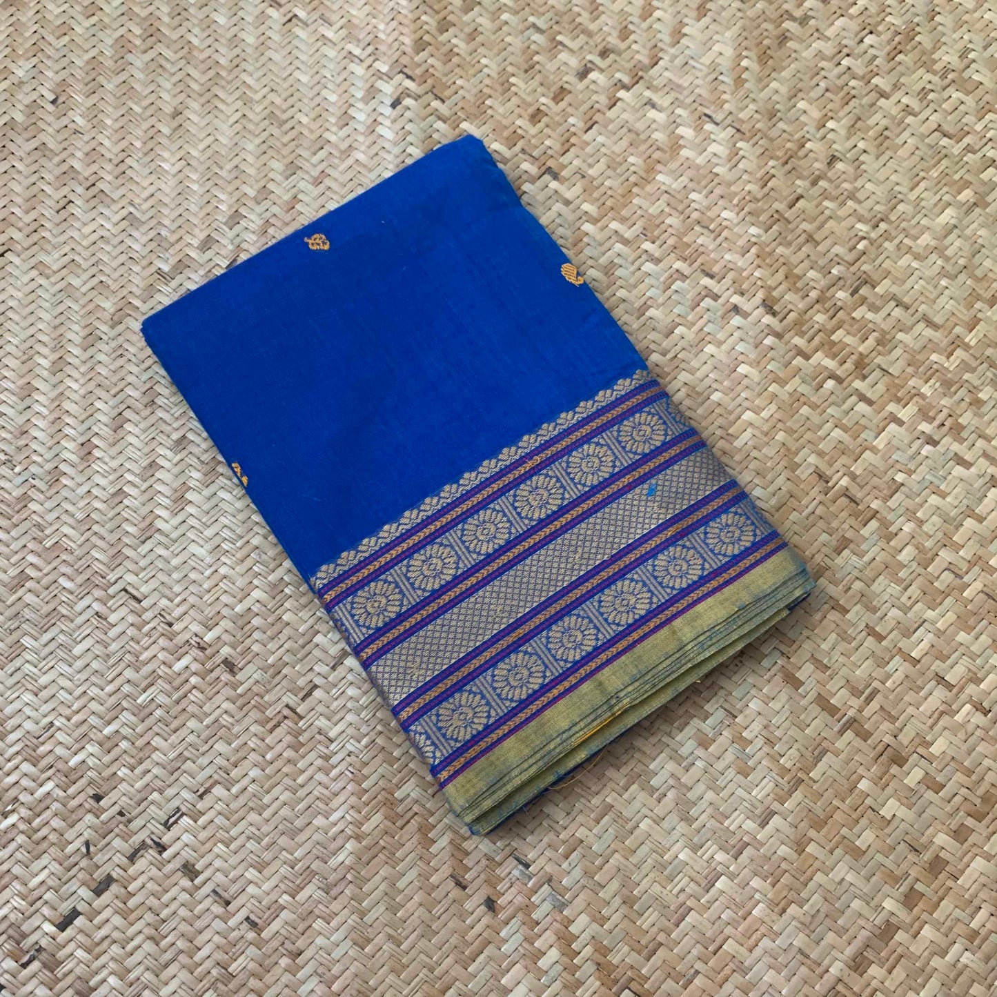 Chettinad Cotton Saree, Blue Saree with Rudraksha Thread Border