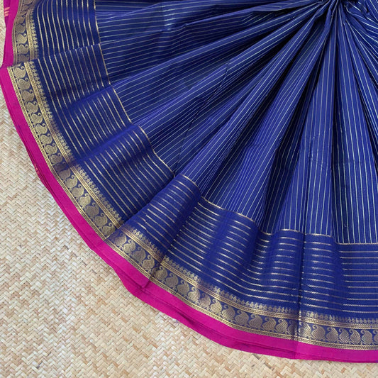 Chettinad Cotton Saree, Navy Blue Saree with Pink Selvage