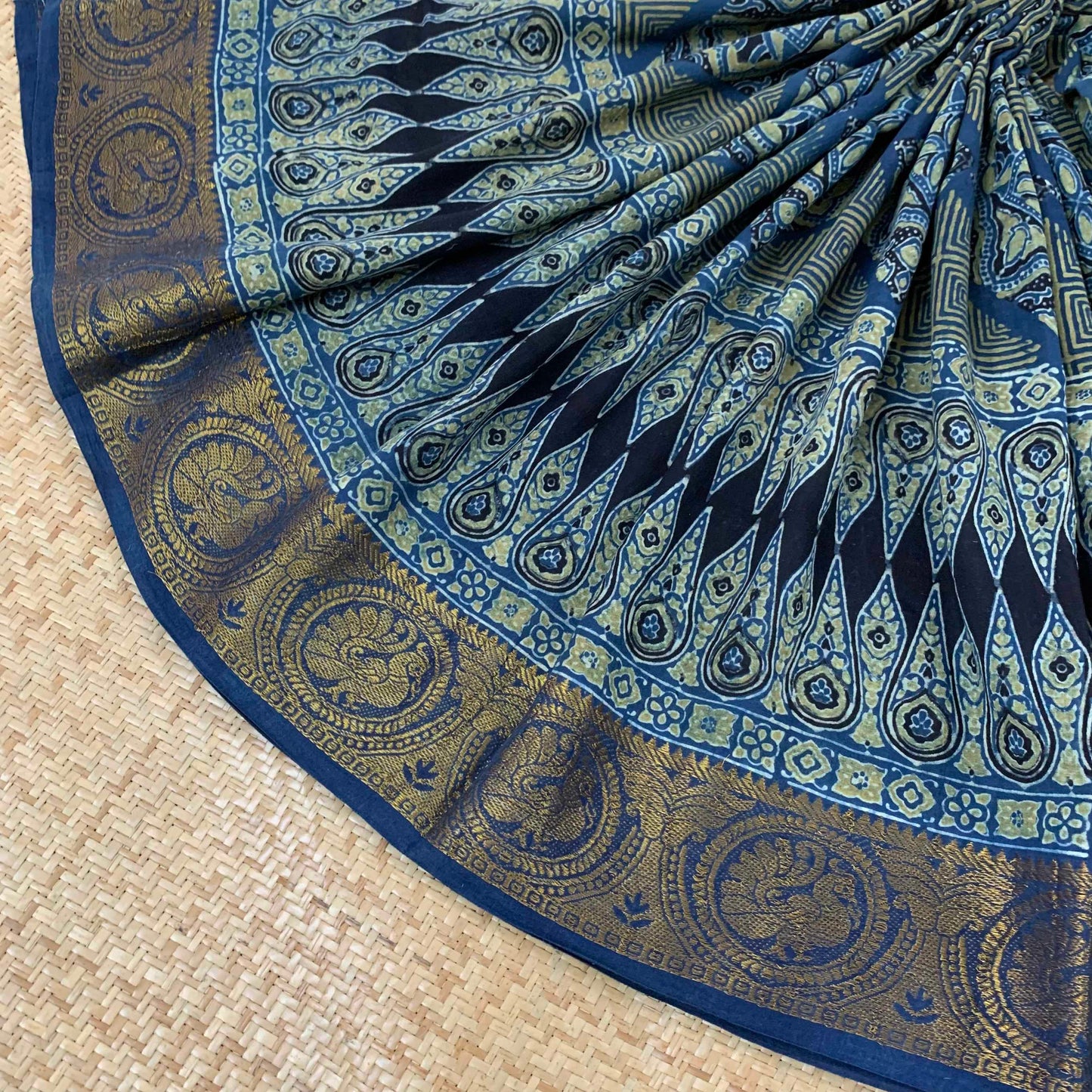Rama Blue, Ajrak Hand Block Printed On Madurai Cotton Saree With Zari