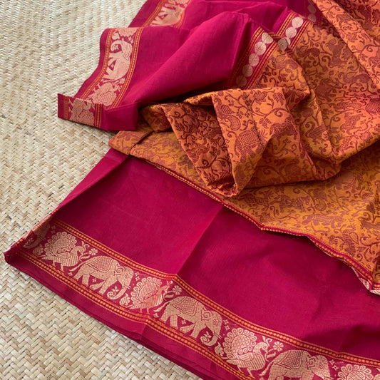 Chettinad Cotton Saree, Orange Saree with Vanasingaram Design