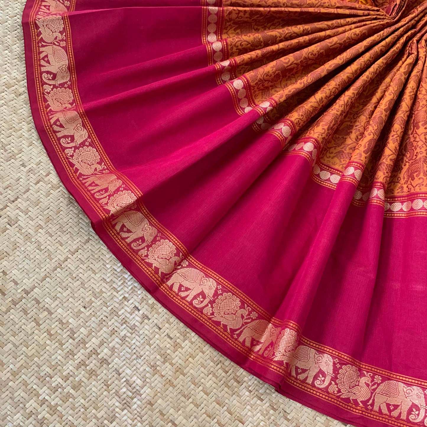 Chettinad Cotton Saree, Orange Saree with Vanasingaram Design