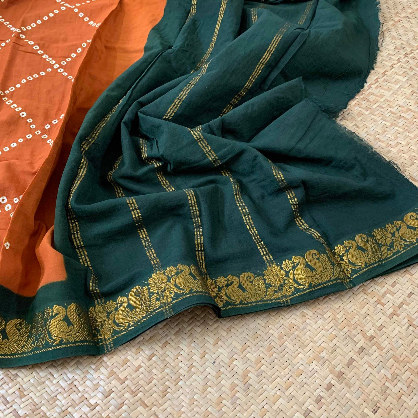 Rust Orange Saree Green Border, Hand knotted Sungadi On a Annam Border Mercerised Cotton saree, Kaikattu Sungadi