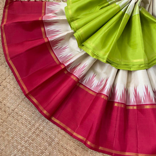 Off White Saree With Ganga Jamuna Korvai Border, Kanchipuram Silk Saree With Blouse