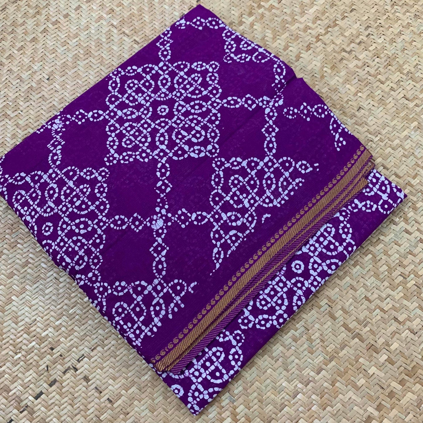 Purple Sungudi Saree With Kolam Wax Print.