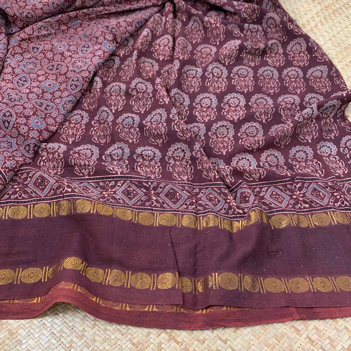 Wine Red, Ajrak Hand Block Printed On Madurai Cotton Saree With Zari