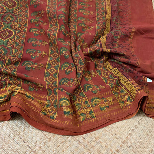 Madisar 10 Yards, Green With Brown, Ajrak Hand Block Printed On Madurai Cotton Saree With Zari