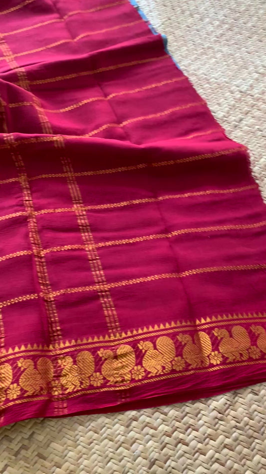 Parrot- Pomegranate Kalamkari Hand Painted on a Madurai Velthari Sungudi Cotton saree.