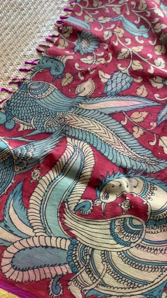 Maroon Hand Paint Kalamkari On Kanchivaram Silk Saree