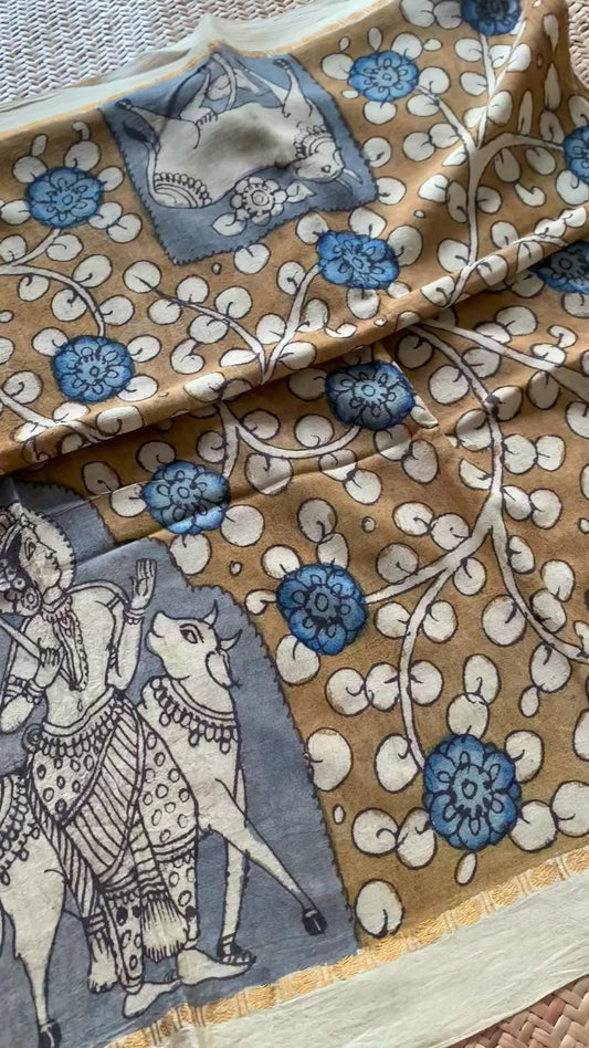 Mustard Floral, Kalamkari Hand Painted on a Madurai Sungudi Cotton CUT FABRIC