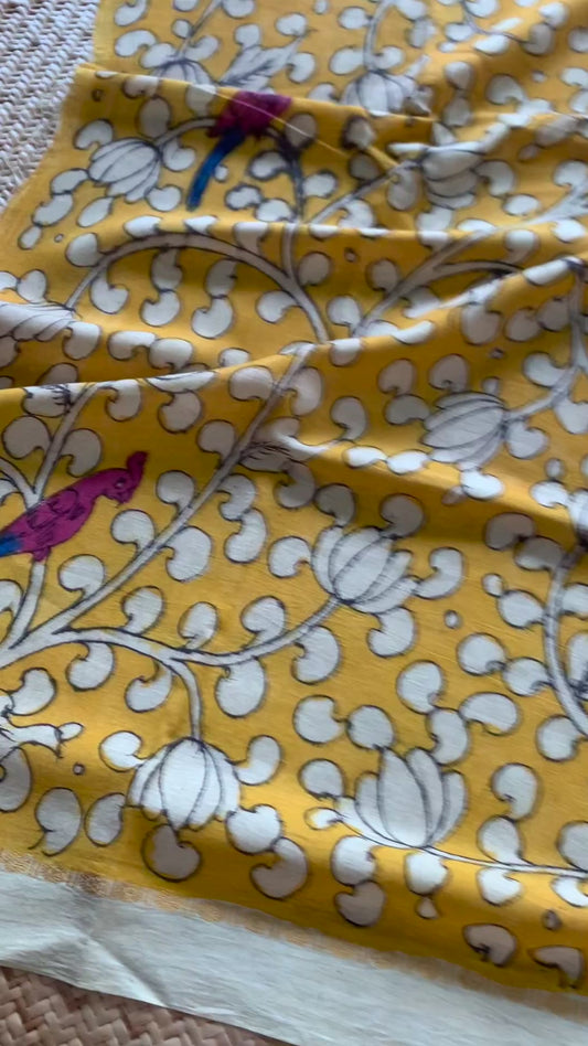 Yellow Floral, Kalamkari Hand Painted on a Madurai Sungudi Cotton CUT FABRIC