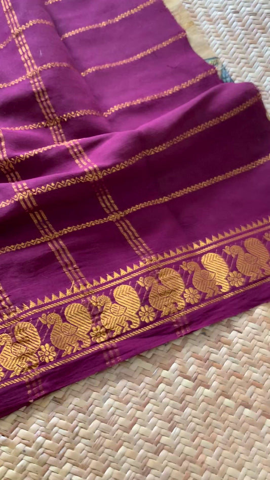 Parrot- chilli Kalamkari Hand Painted on a Madurai Velthari Sungudi Cotton saree.