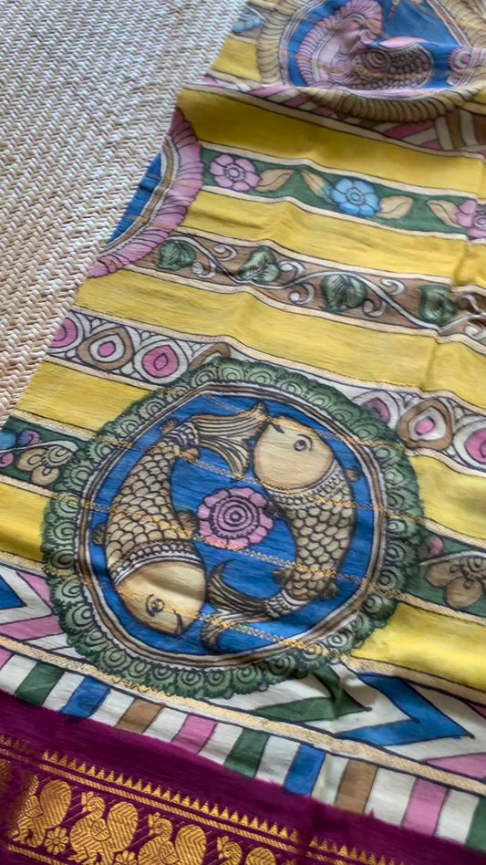 Multicoloured Kalamkari Hand Painted on a Madurai Velthari Sungudi Cotton saree.