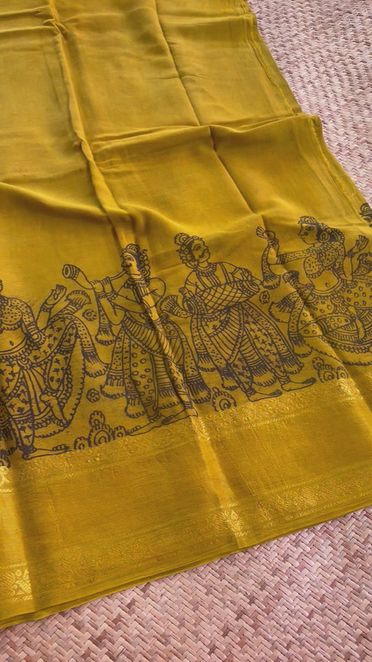 Mustard, Kalamkari Hand Painted on a Madurai Sungudi Cotton saree.