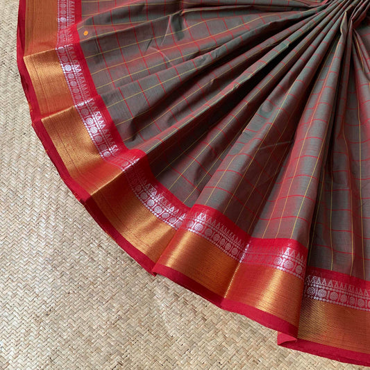 Chettinad Cotton Saree, Manthulir Green Checks Saree with Maroon Zari Border