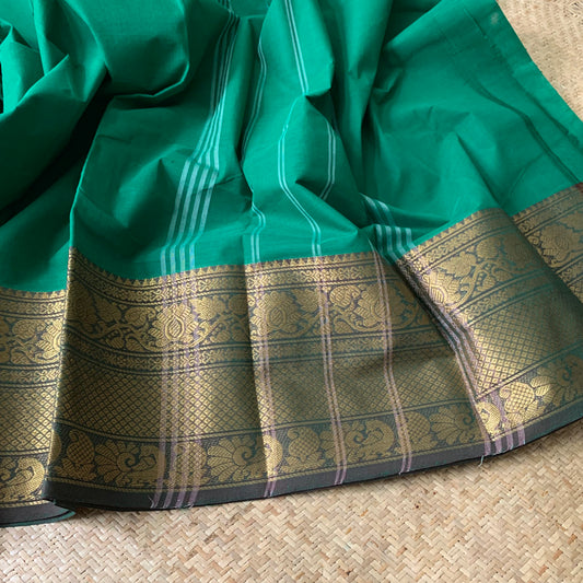 Chettinad Cotton Saree, Green Saree with Long Single Side Border