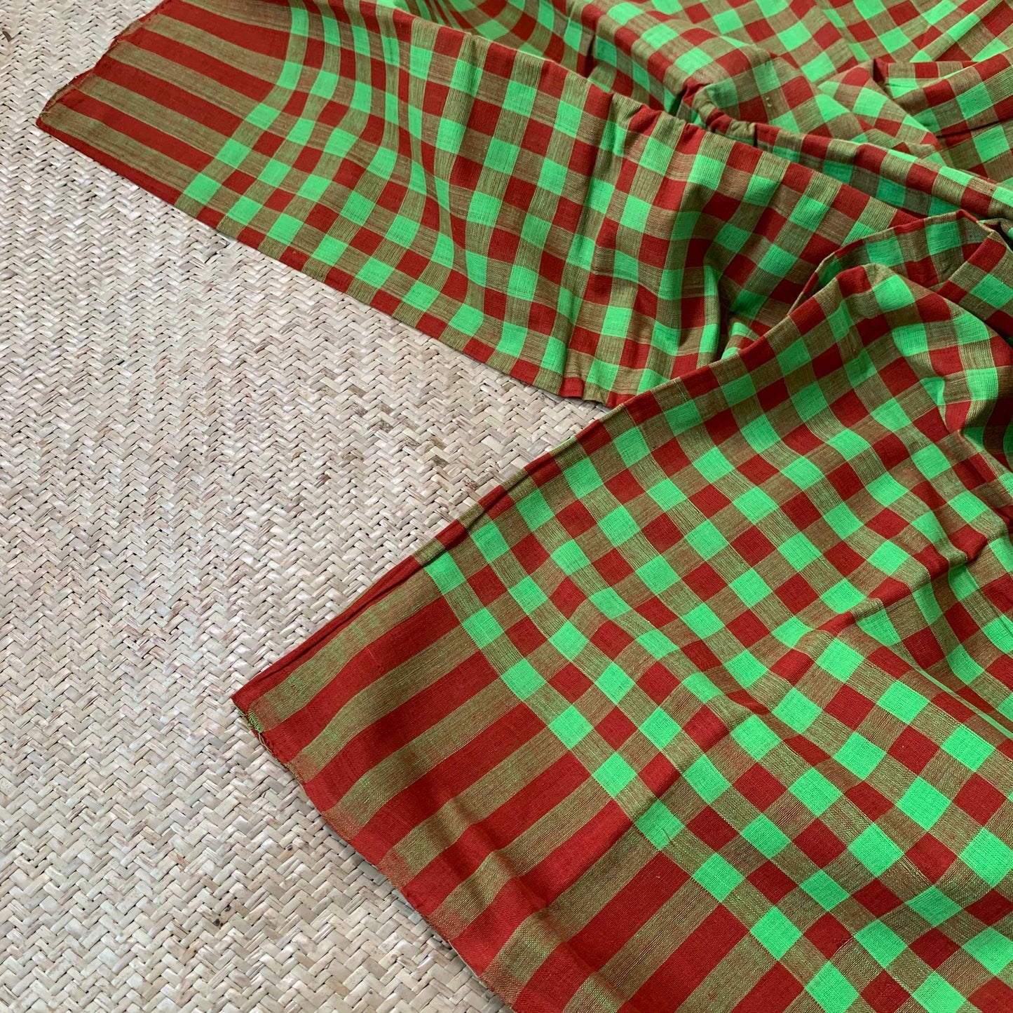 Brown with Green Checks, Hand Woven Daily Use Cotton Saree