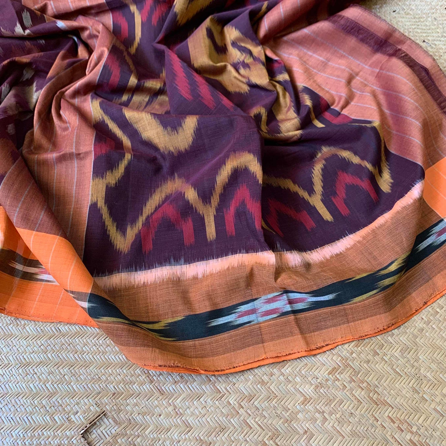 Brown Saree Pochambally Ikkat Hand Woven Cotton Saree With Orange Beige Border