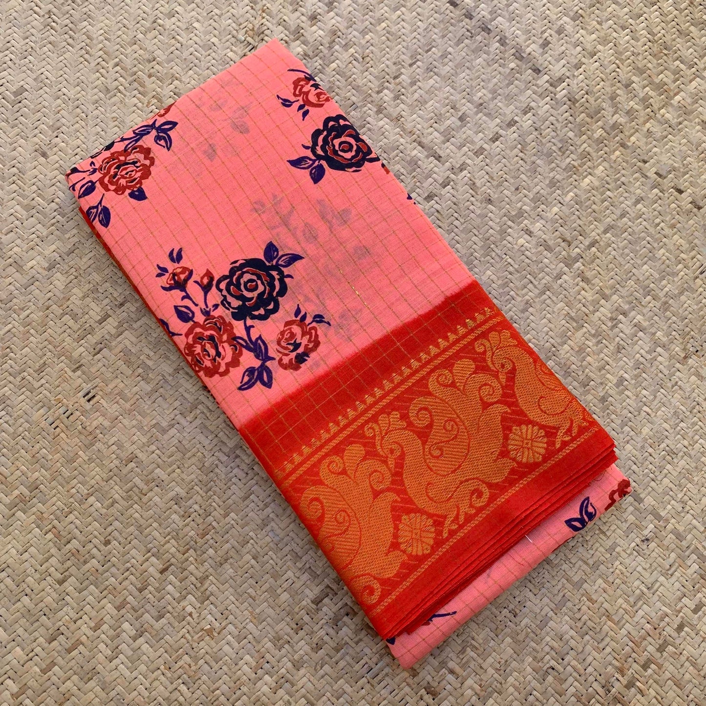 Zari gold Kattam block print, Pink with orange