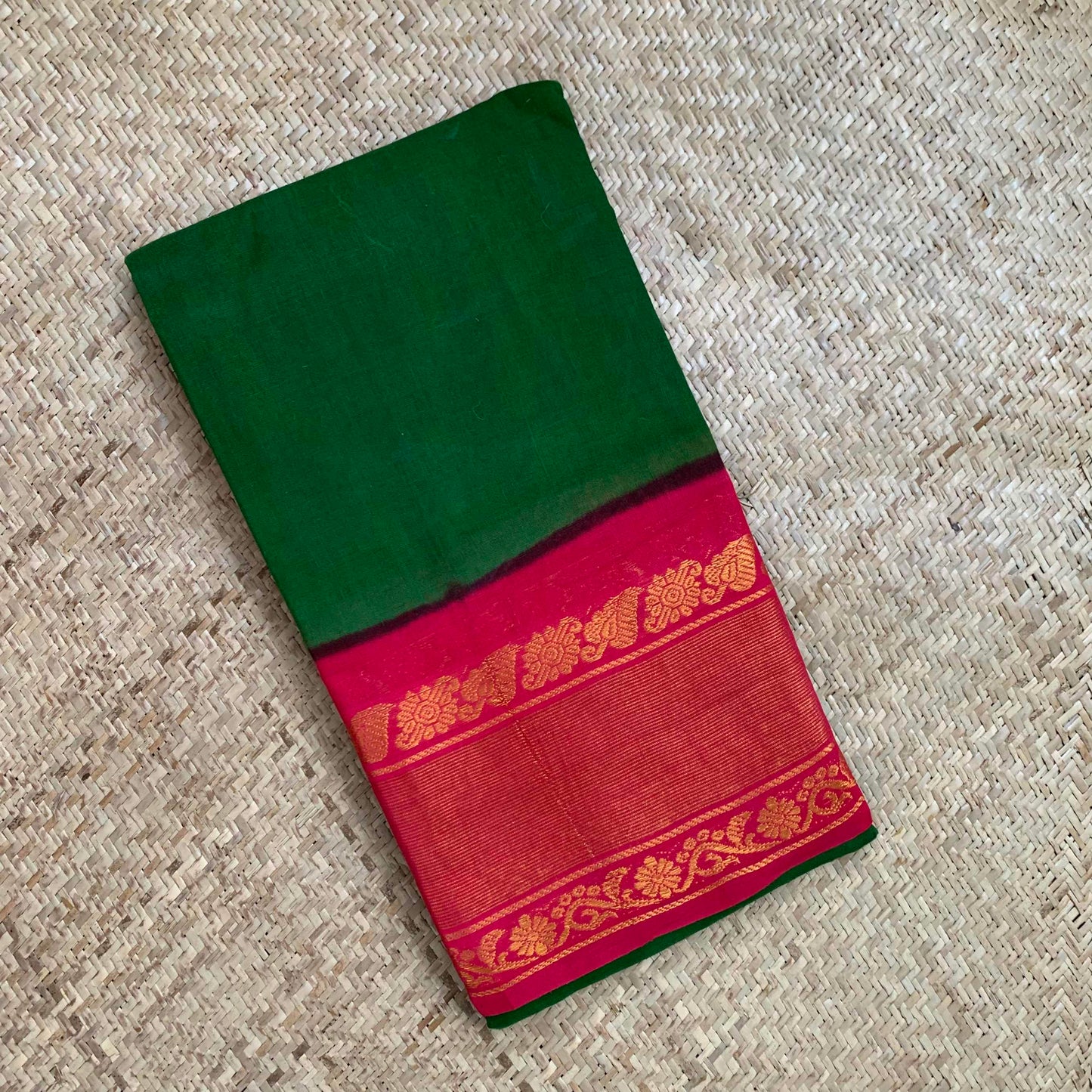 Green Saree With Red Border Zari Getti Pettu Zari Border, Clamp dyed (Kattu sayam).