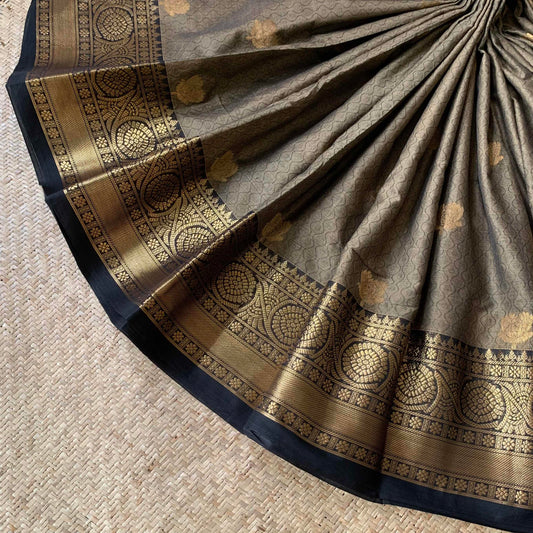 Kanchipuram Cotton Saree, Grey Jacard Saree with Black Border