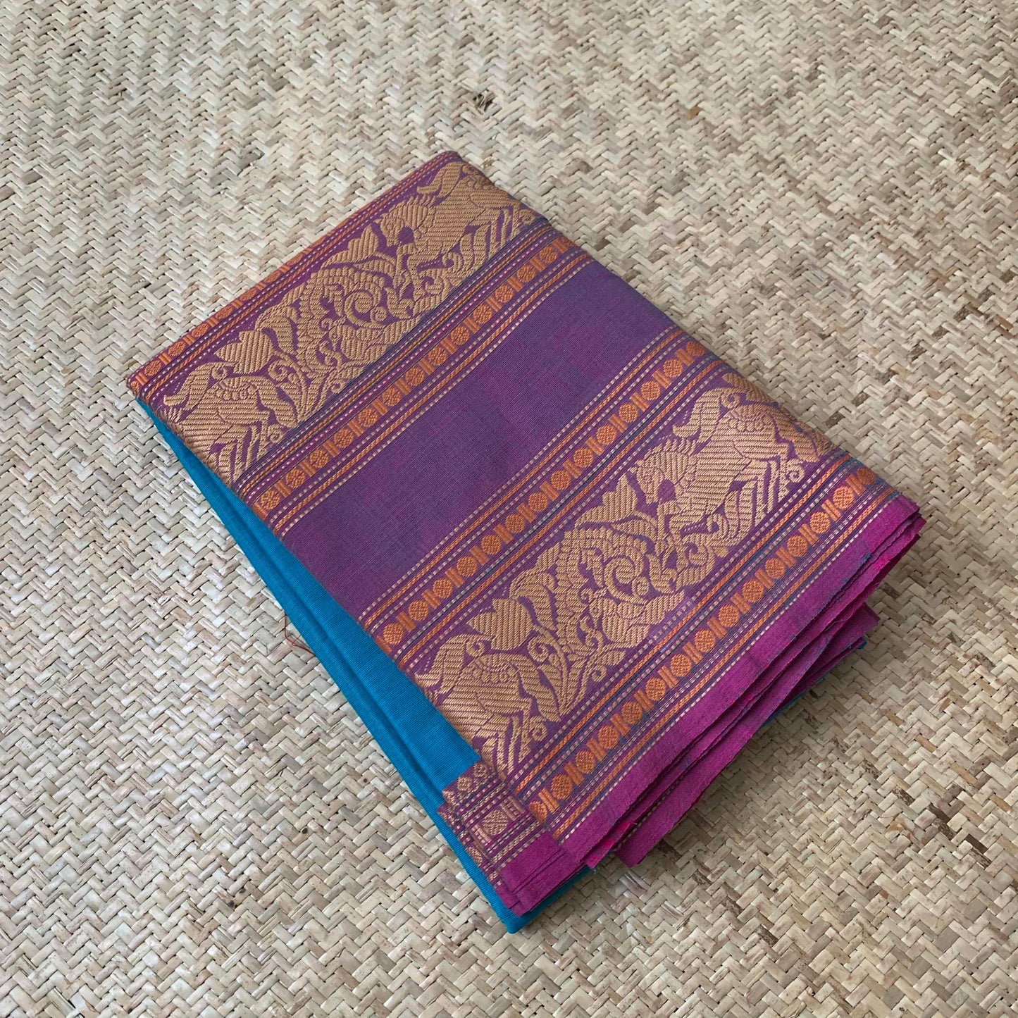 Chettinad Cotton Saree, Blue Saree with Purple Long Border