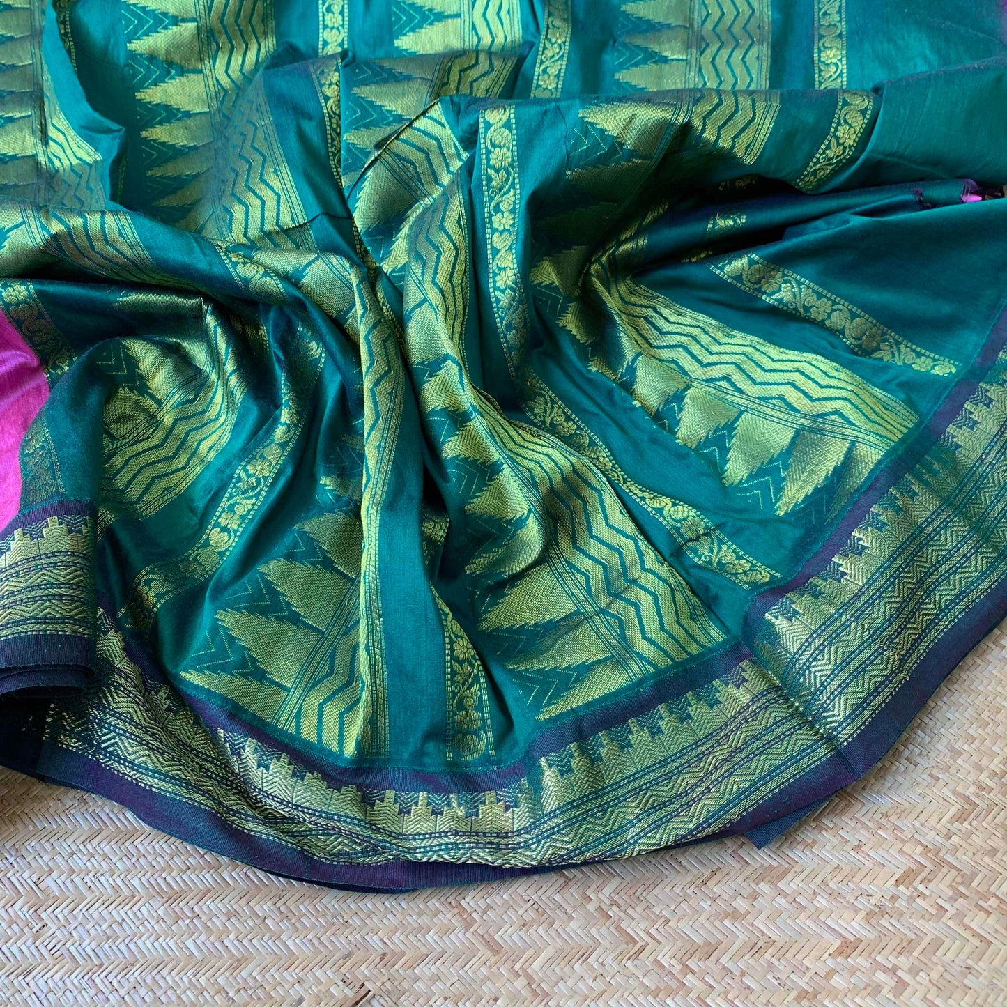 Pink Kalyani Silk Cotton Saree With Green Border And Pallu