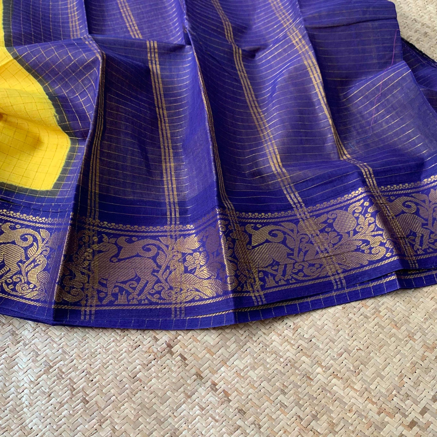 Yellow Saree With Blue Border, Madurai Kattam, Sungudi Cotton Saree