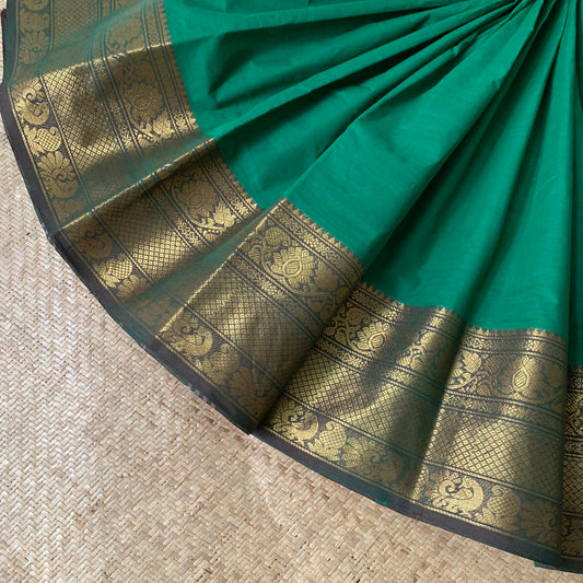 Chettinad Cotton Saree, Green Saree with Long Single Side Border