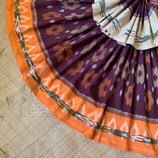 Brown Saree Pochambally Ikkat Hand Woven Cotton Saree With Orange Beige Border