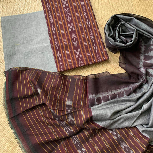 Brown With Grey Handwoven Sambalpuri Ikkat Cotton Salwar Suite Material