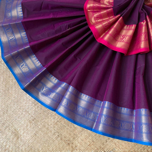 Chettinad Cotton Saree, Purple Double Tone Saree with Pink Ganga Jamuna Border