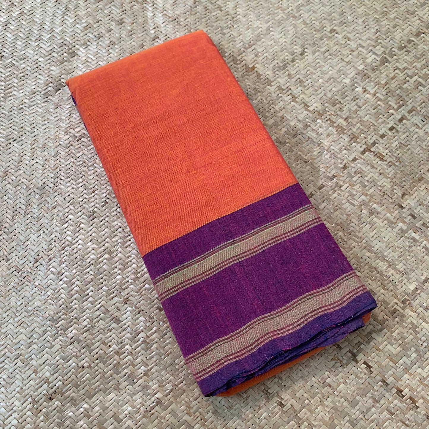 Orange with Purple, Hand Woven Daily Use Cotton Saree