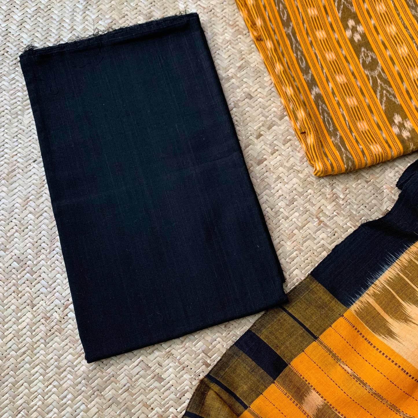 Yellow With Black Handwoven Sambalpuri Ikkat Cotton Salwar Suite Material