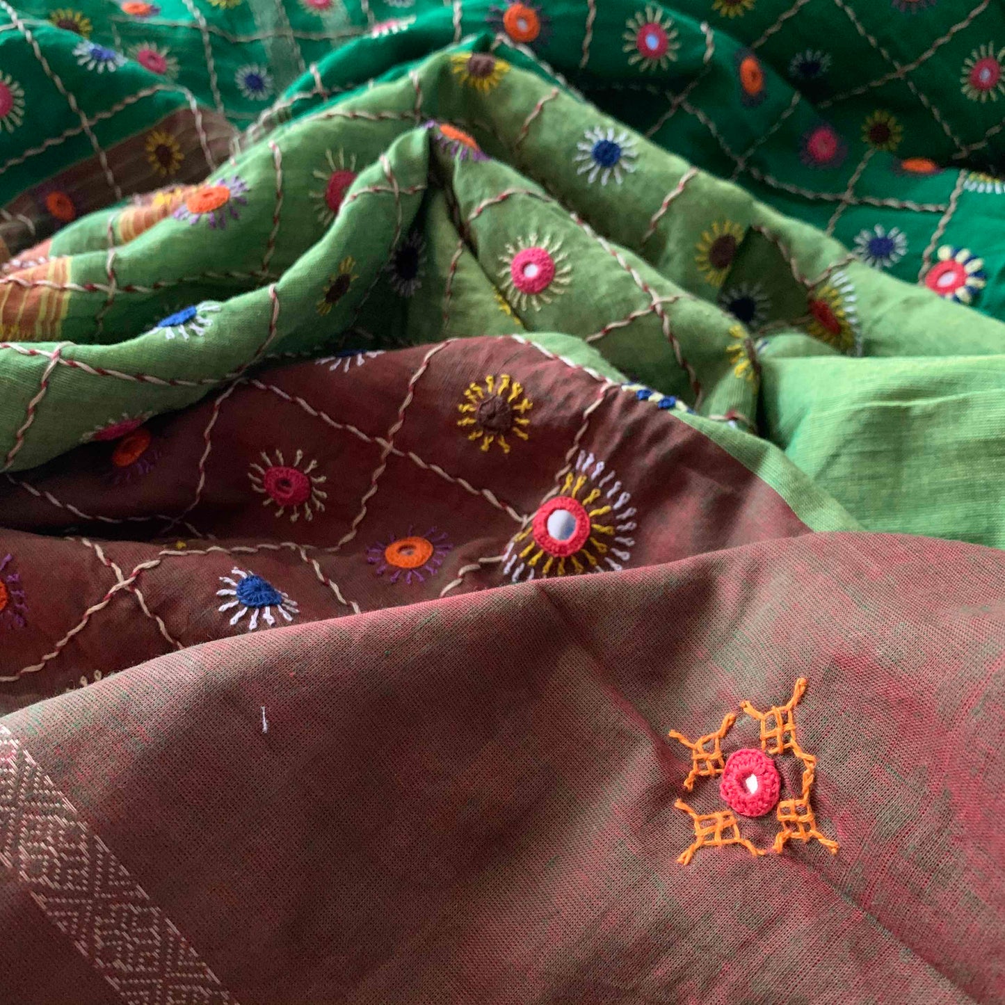 Green saree with multi colour thread Lambamdi embroidery