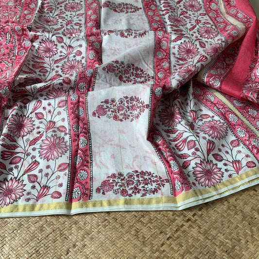 Pink Chanderi Saree With White Pallu, Sanganeri Hand block Printed