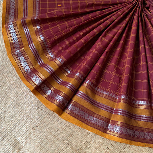 Chettinad Cotton Saree, Brown Checked Saree with Mustard Silver Zari Border